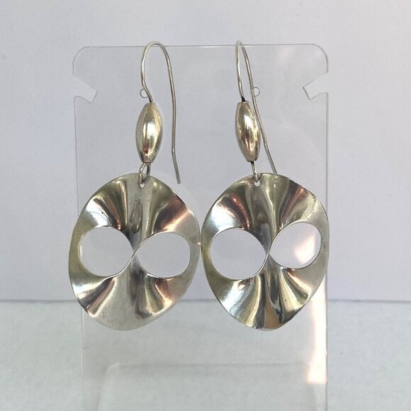 Sterling Silver 925 Artisan Modernist Style Infinity Disc Dangle Drop Earrings - Picture 11 of 16